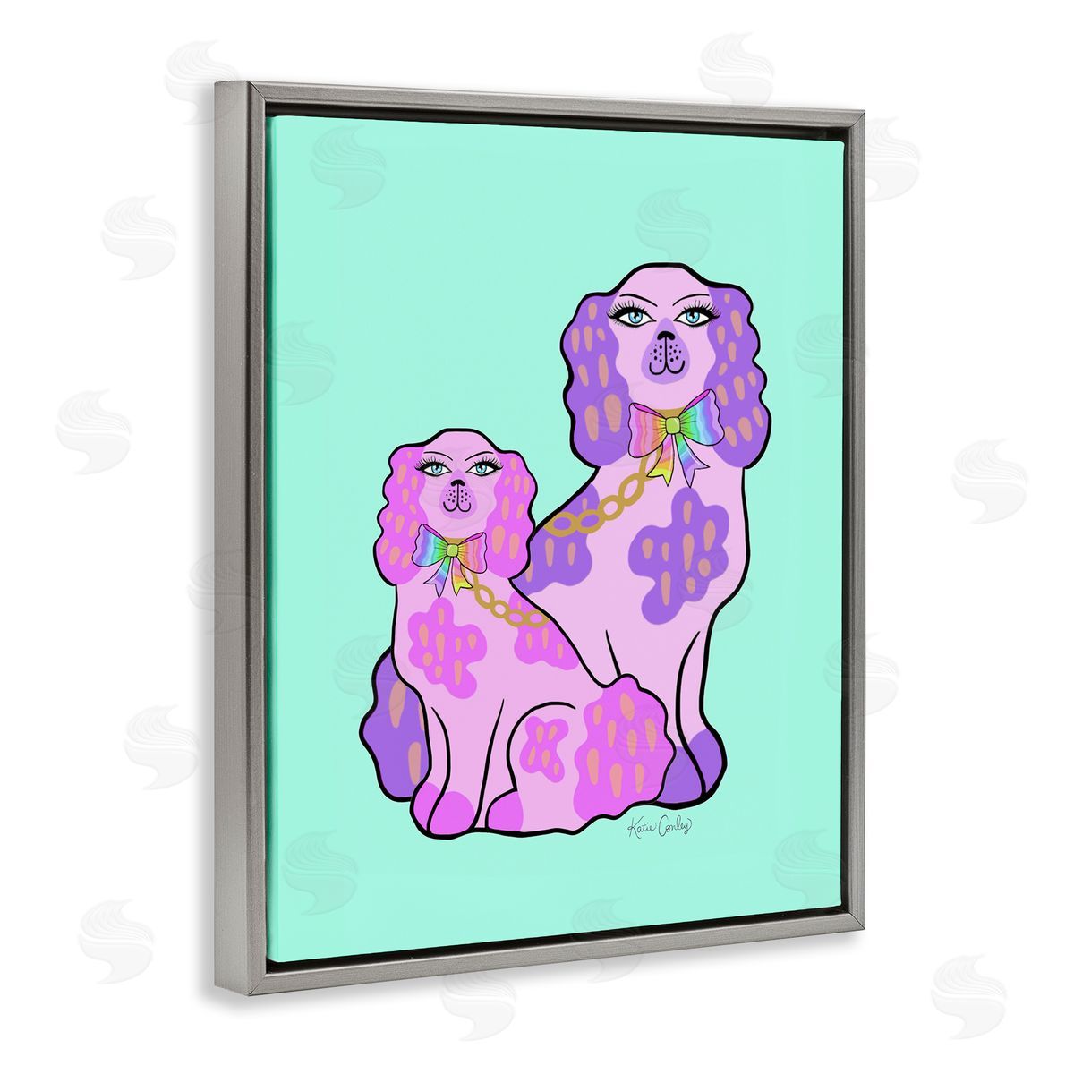 Funky Glam Dogs on Turquoise Grey Floating Frame Canvas Wall Art, Home Decor by Katie Conley
