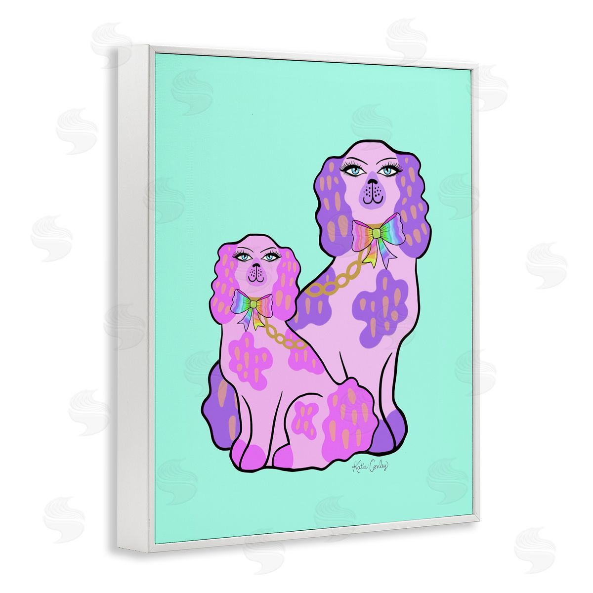 Funky Glam Dogs on Turquoise White Frame Print Wall Art, Home Decor by Katie Conley