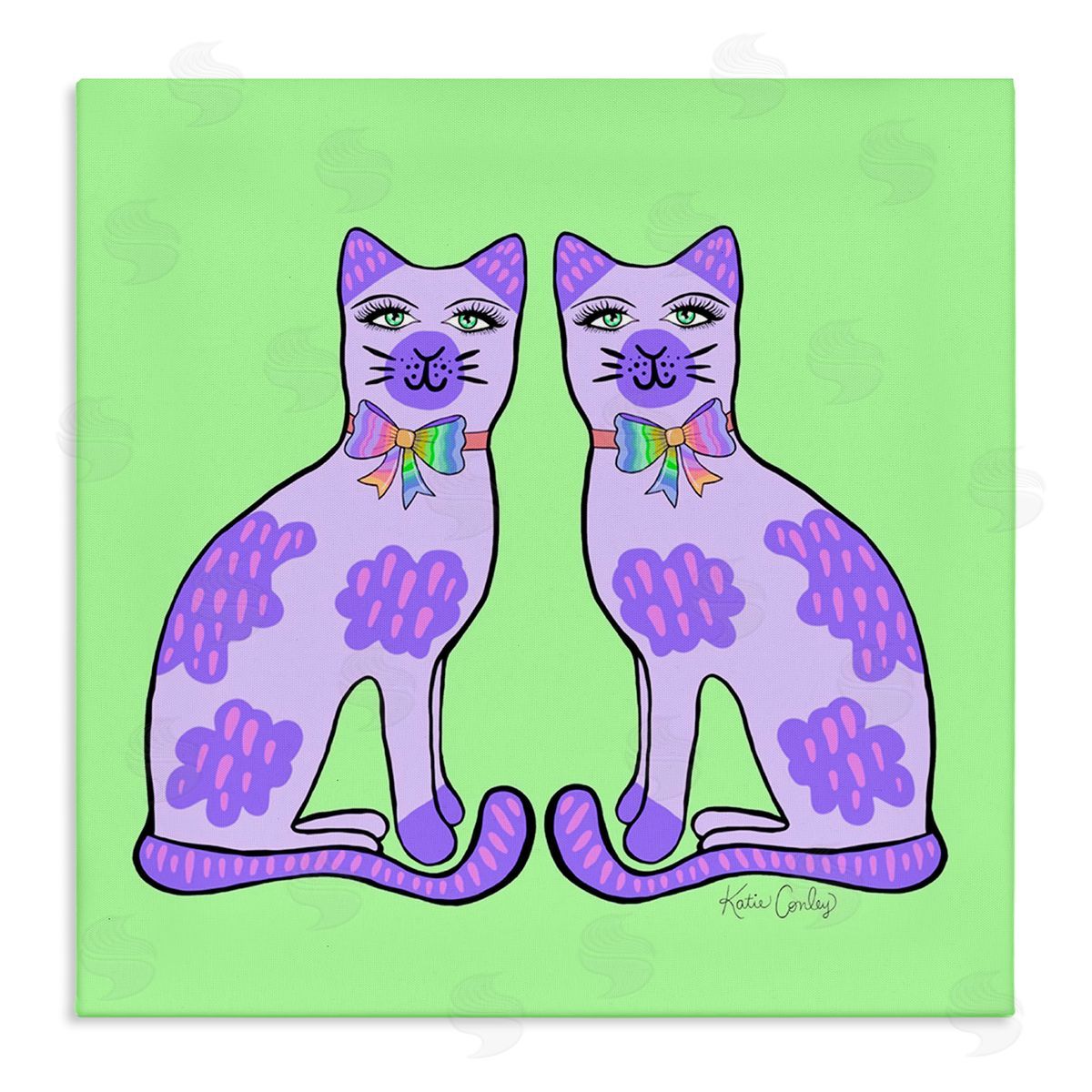 Purple Cats on Green Canvas Wall Art, Home Decor by Katie Conley
