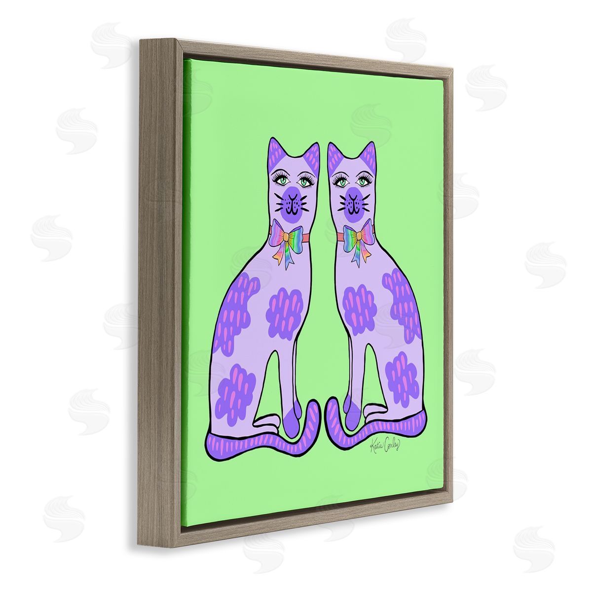 Purple Cats on Green Brown Floating Frame Canvas Wall Art, Home Decor by Katie Conley
