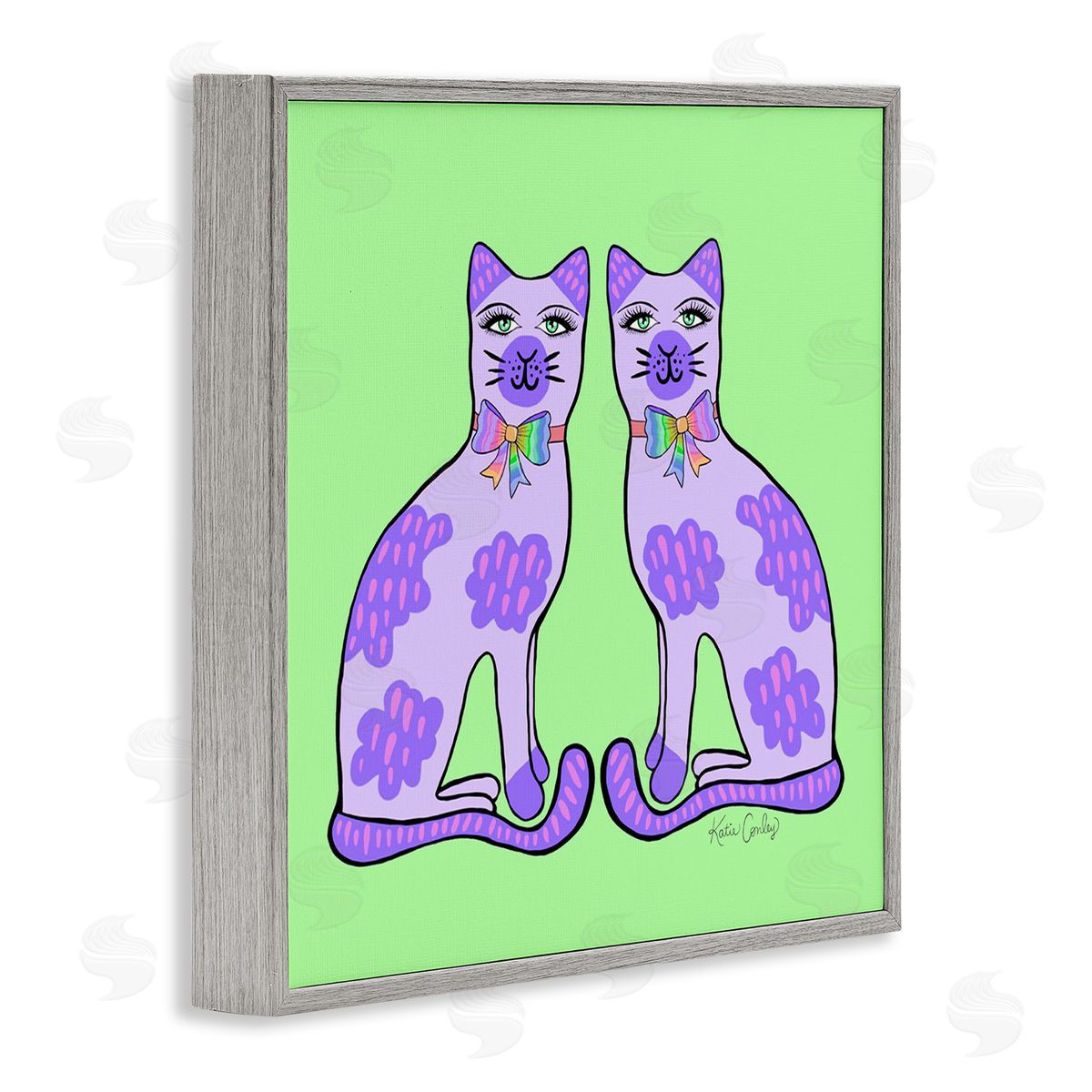 Purple Cats on Green Grey Frame Print Wall Art, Home Decor by Katie Conley
