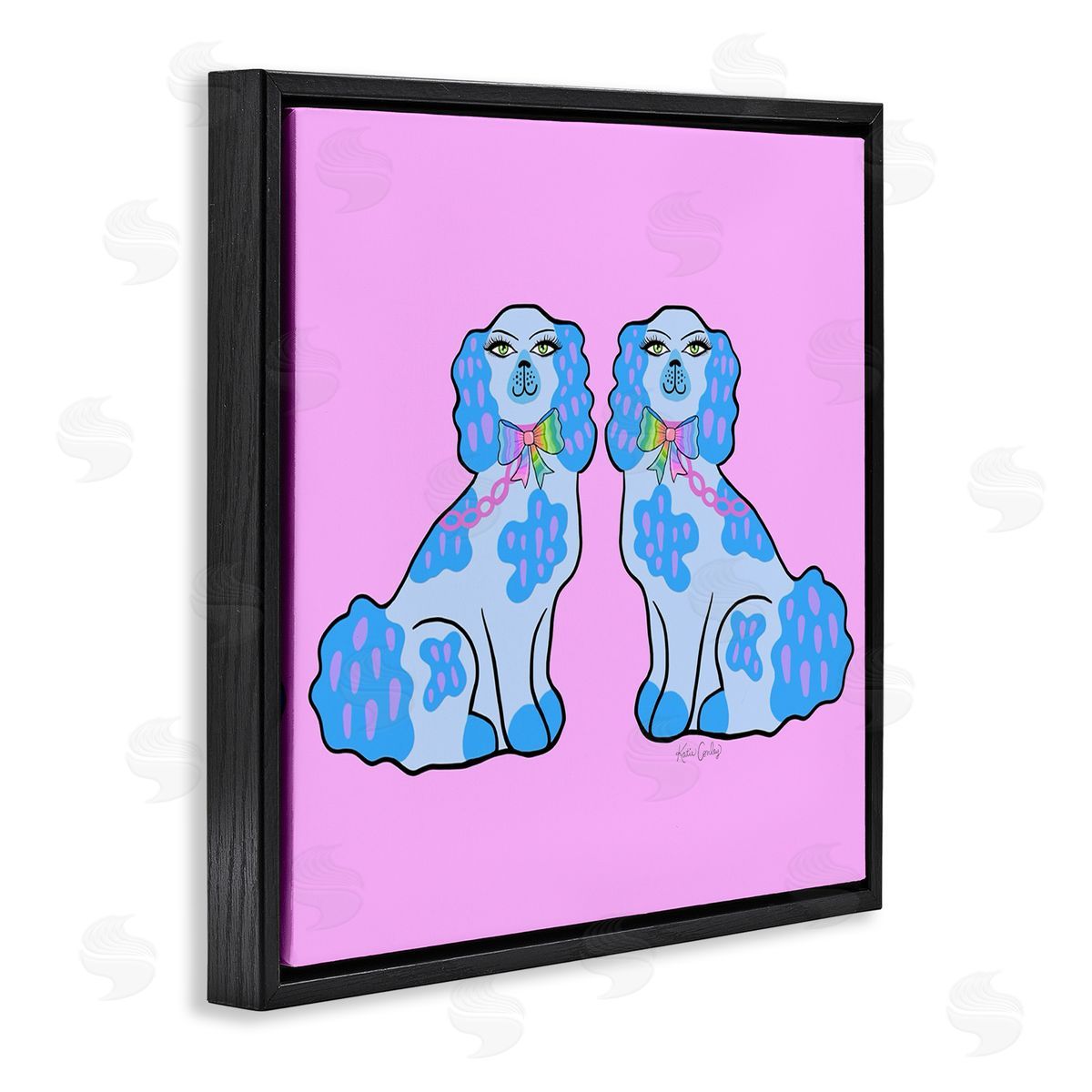 Funky Dogs Blue & Pink Black Floating Frame Canvas Wall Art, Home Decor by Katie Conley
