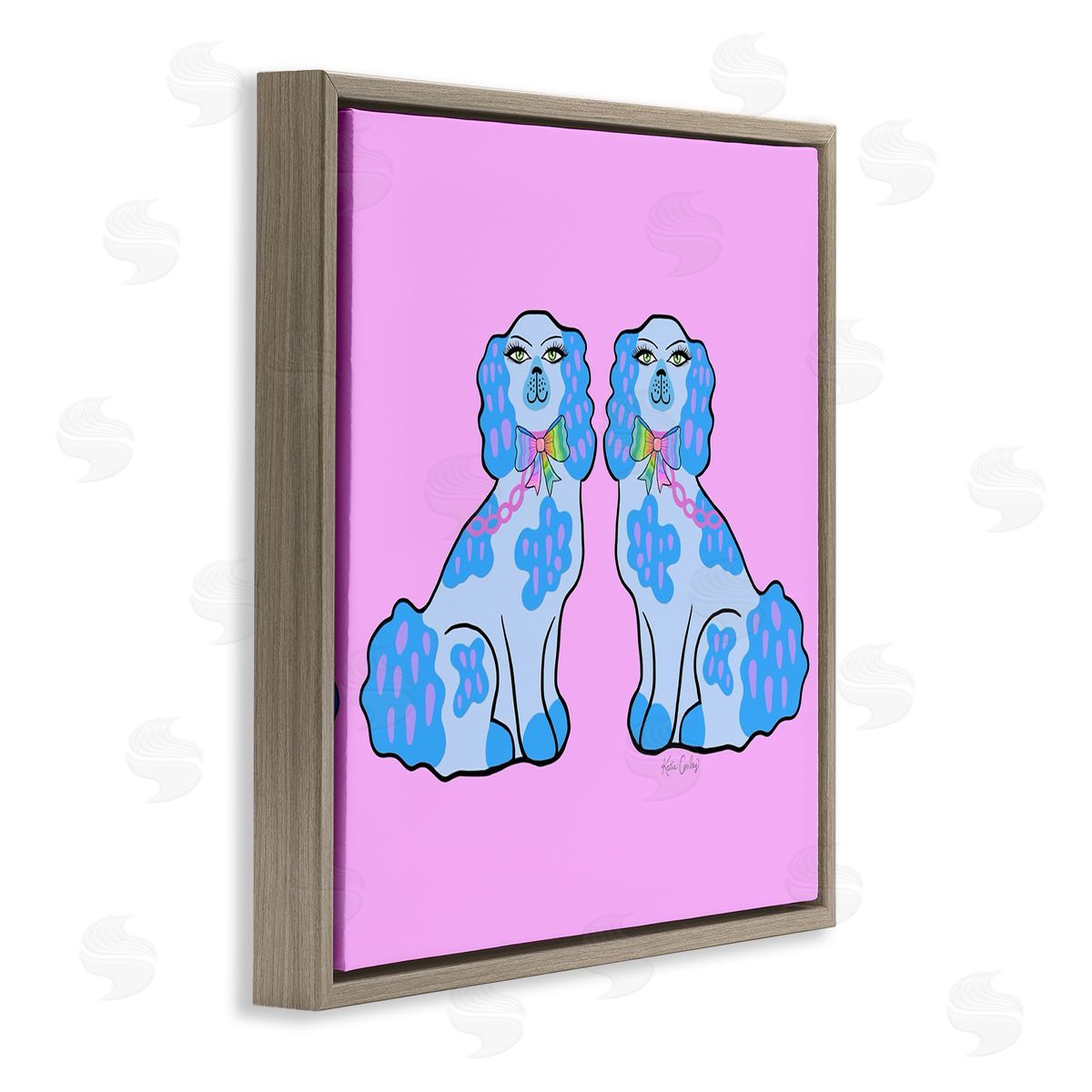 Funky Dogs Blue & Pink Brown Floating Frame Canvas Wall Art, Home Decor by Katie Conley