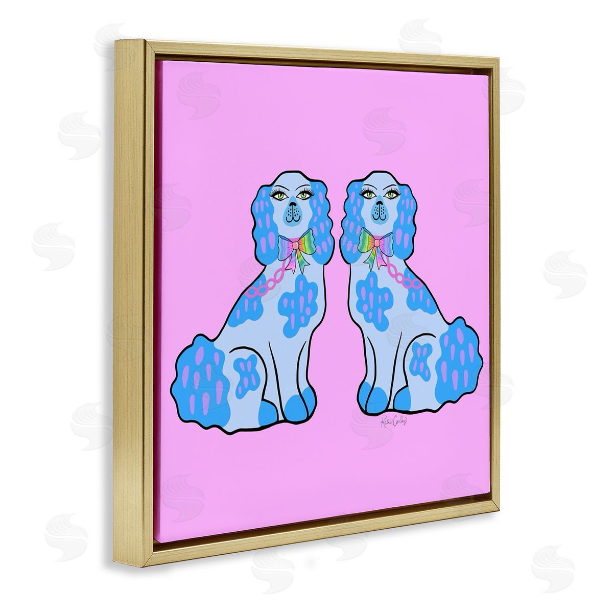 Funky Dogs Blue & Pink Gold Floating Frame Canvas Wall Art, Home Decor by Katie Conley