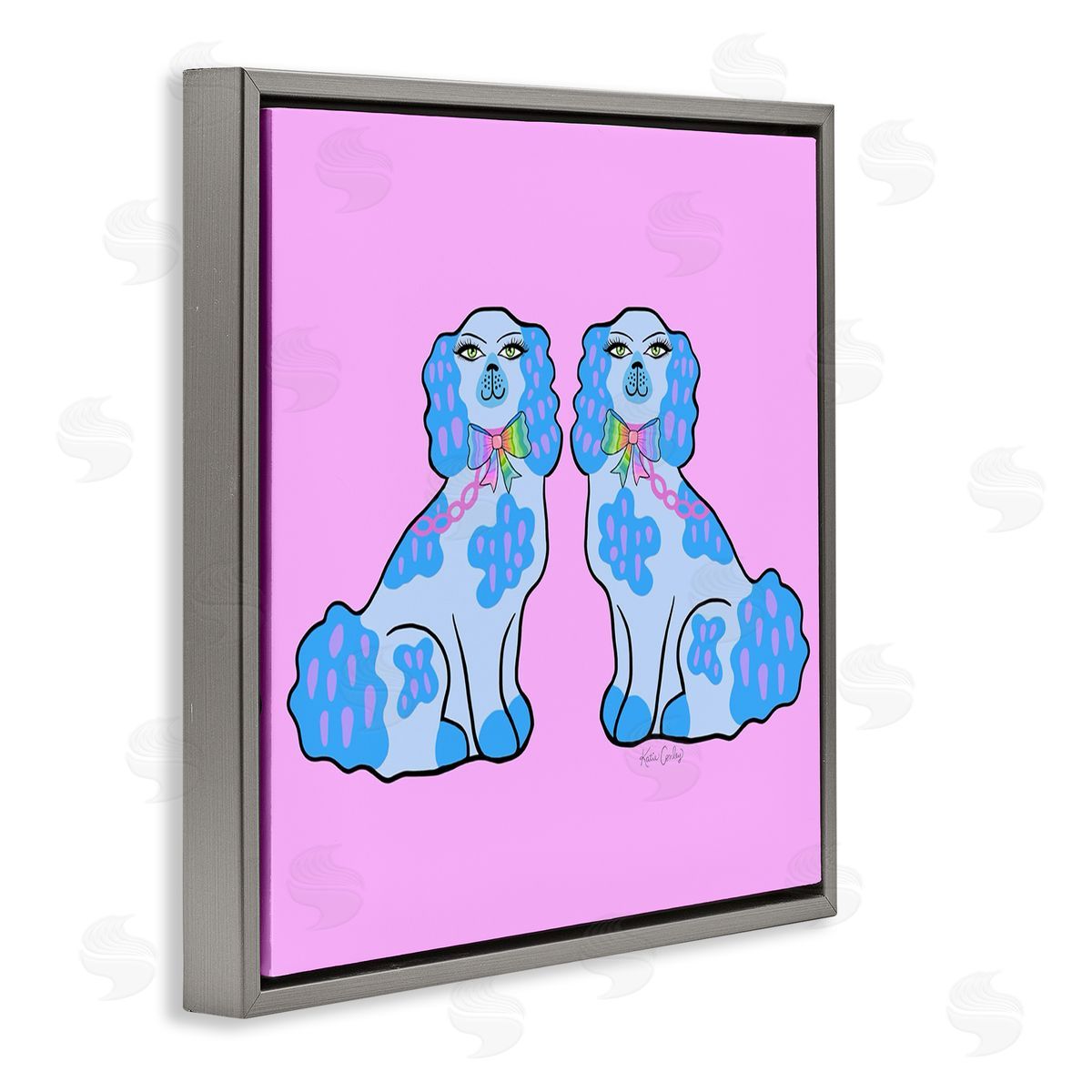 Funky Dogs Blue & Pink Grey Floating Frame Canvas Wall Art, Home Decor by Katie Conley