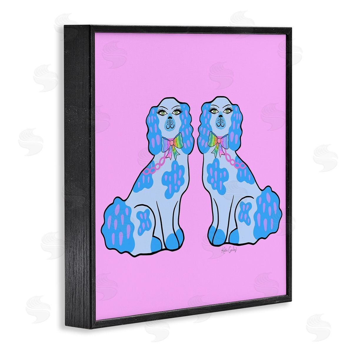 Funky Dogs Blue & Pink Black Frame Print Wall Art, Home Decor by Katie Conley