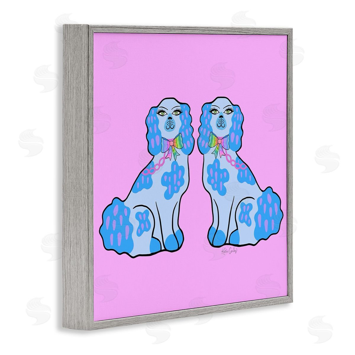 Funky Dogs Blue & Pink Grey Frame Print Wall Art, Home Decor by Katie Conley