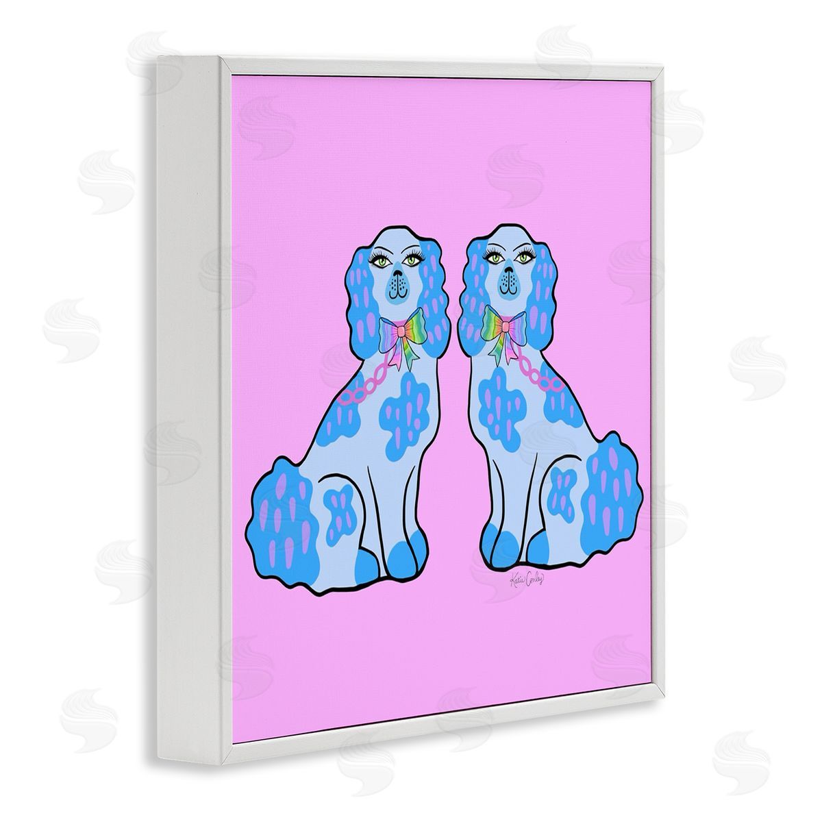Funky Dogs Blue & Pink White Frame Print Wall Art, Home Decor by Katie Conley