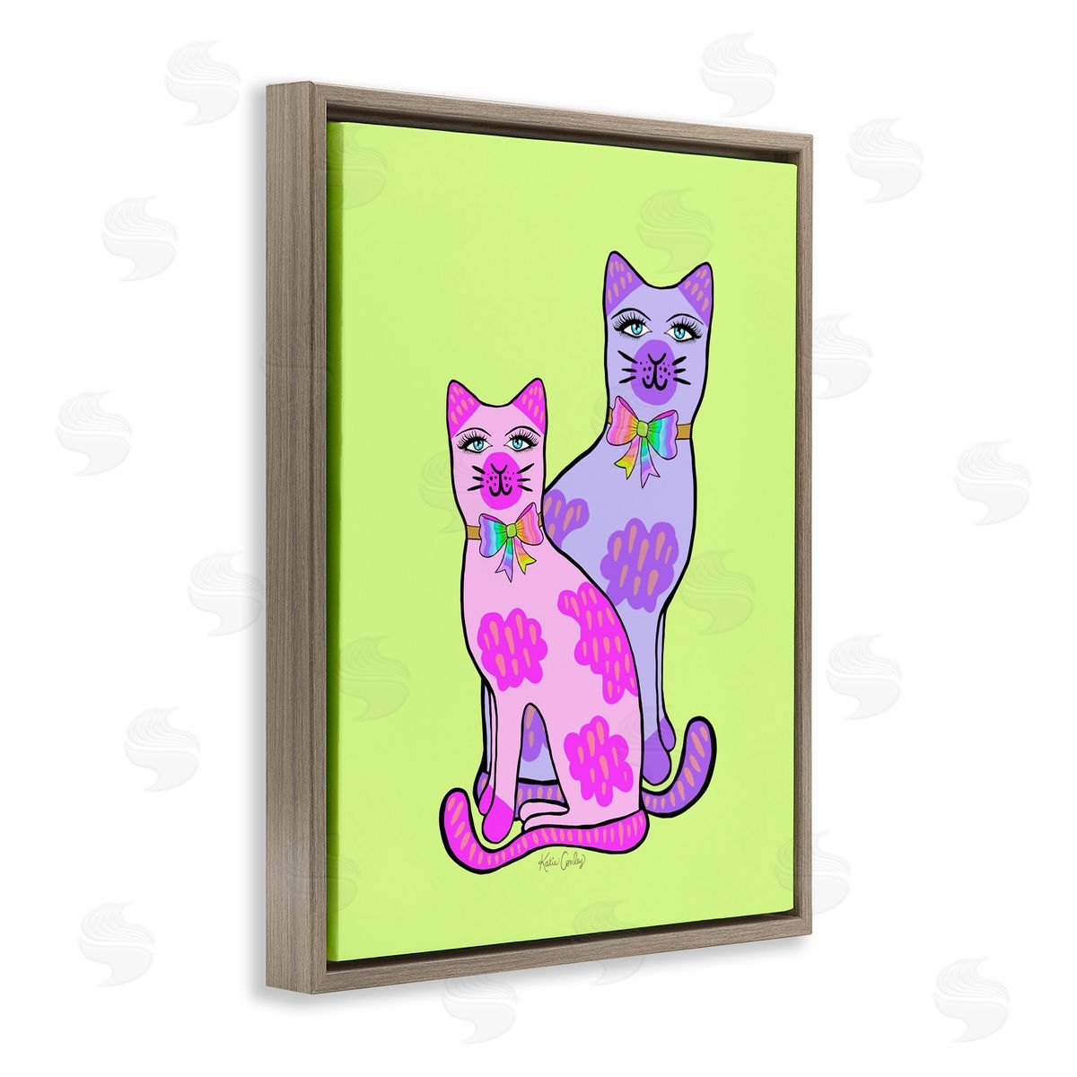Funky Bright Cats Brown Floating Frame Canvas Wall Art, Home Decor by Katie Conley