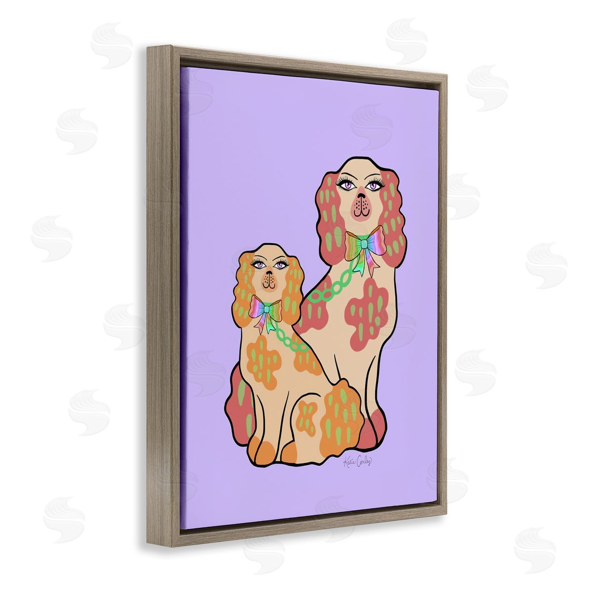Funky Dogs on Purple Brown Floating Frame Canvas Wall Art, Home Decor by Katie Conley