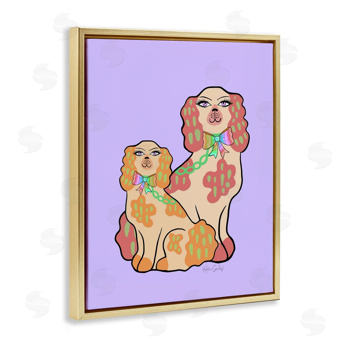 Funky Dogs on Purple Gold Floating Frame Canvas Wall Art, Home Decor by Katie Conley