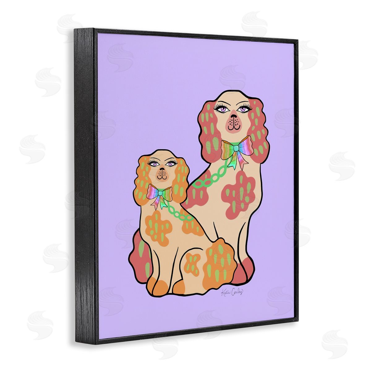 Funky Dogs on Purple Black Frame Print Wall Art, Home Decor by Katie Conley