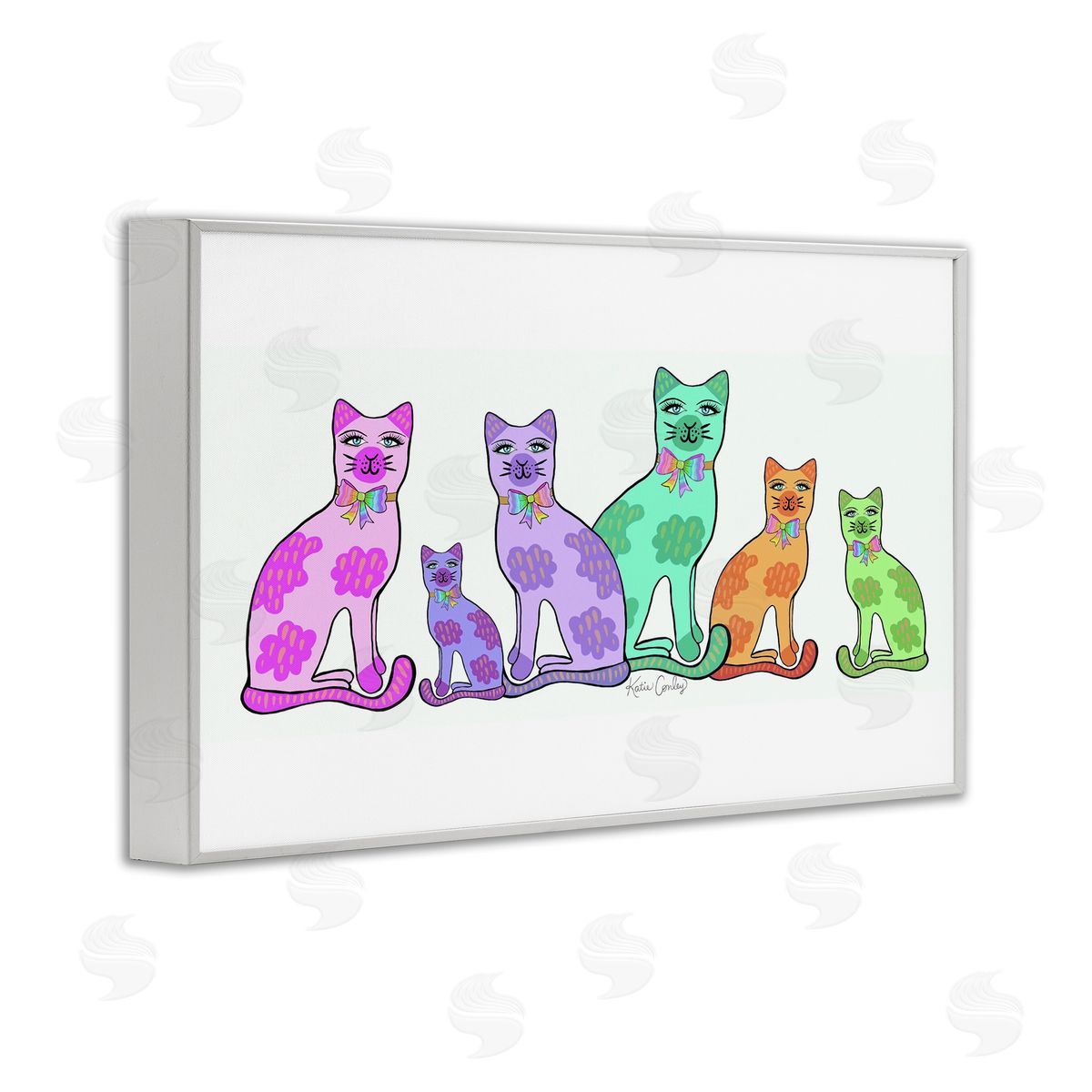 Funky Whimsical Cats White Frame Print Wall Art, Home Decor by Katie Conley