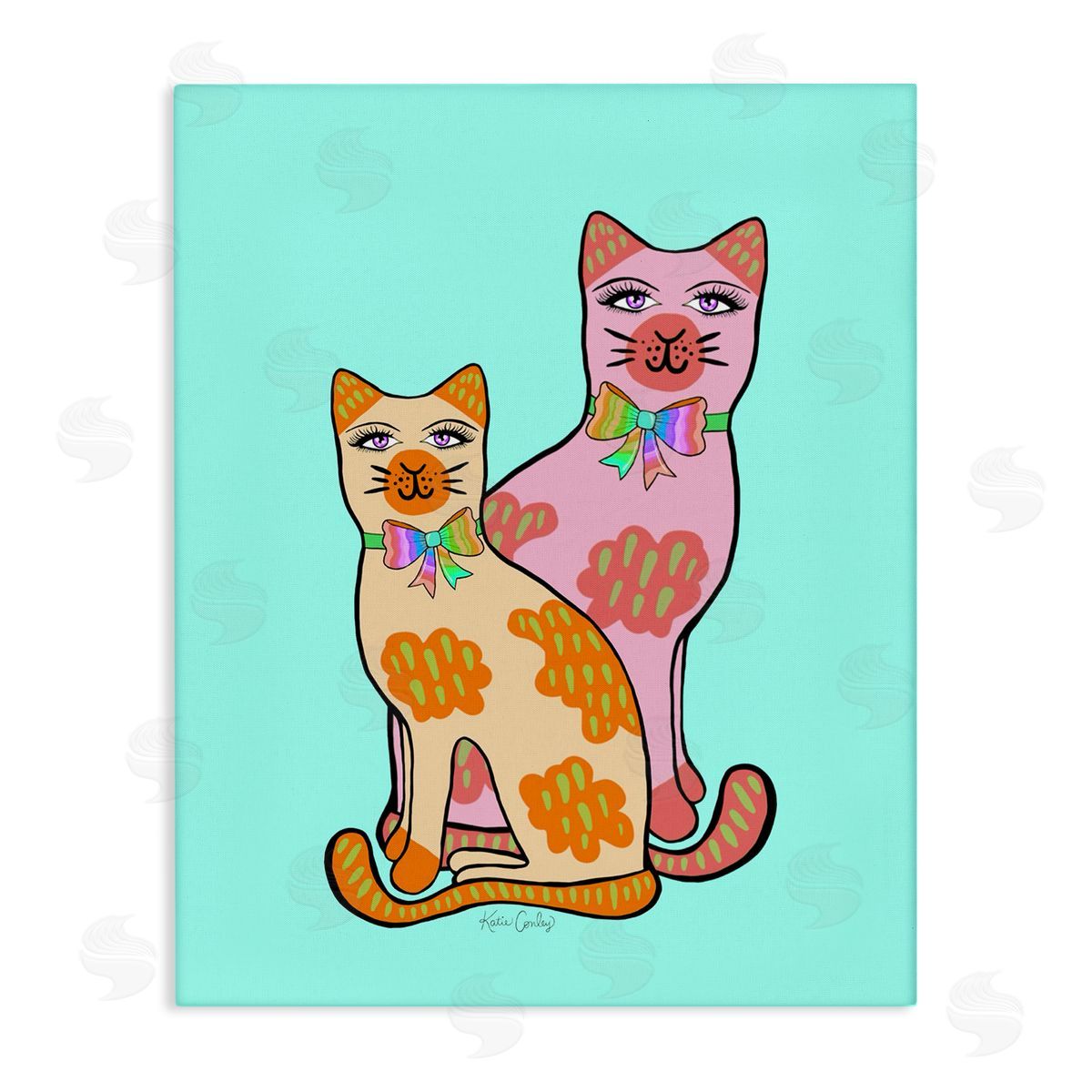 Funky Cats on Turquoise Canvas Wall Art, Home Decor by Katie Conley