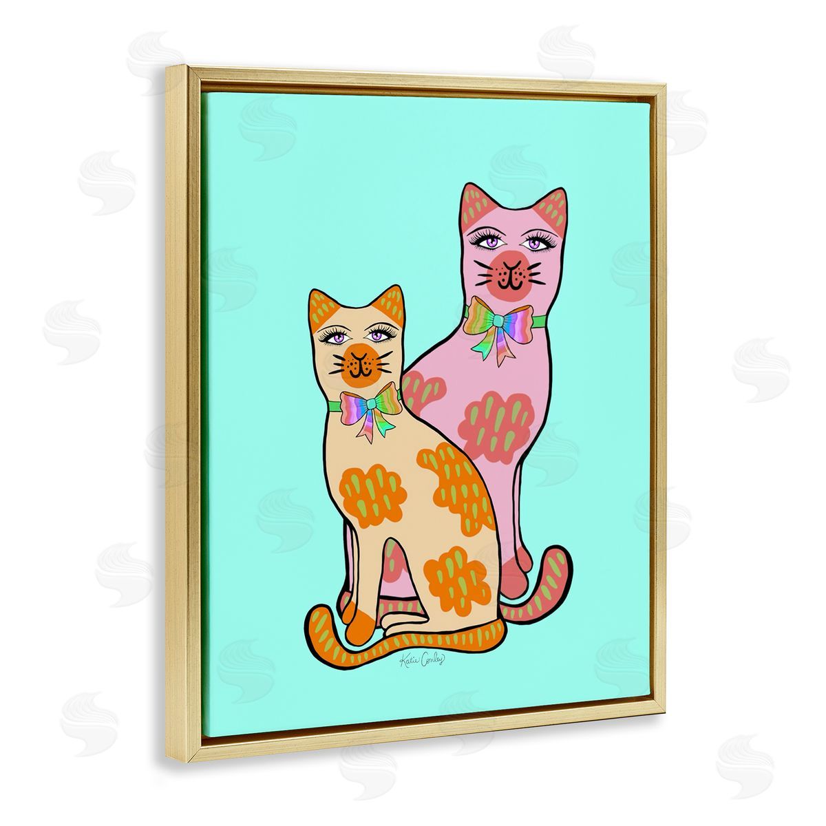 Funky Cats on Turquoise Gold Floating Frame Canvas Wall Art, Home Decor by Katie Conley