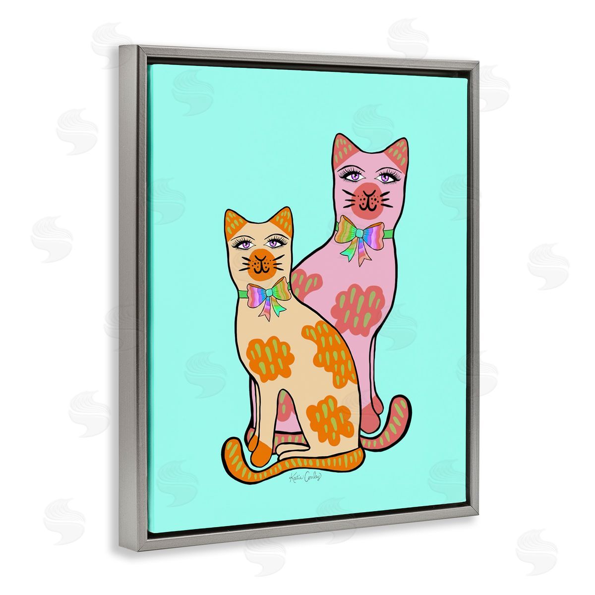 Funky Cats on Turquoise Grey Floating Frame Canvas Wall Art, Home Decor by Katie Conley