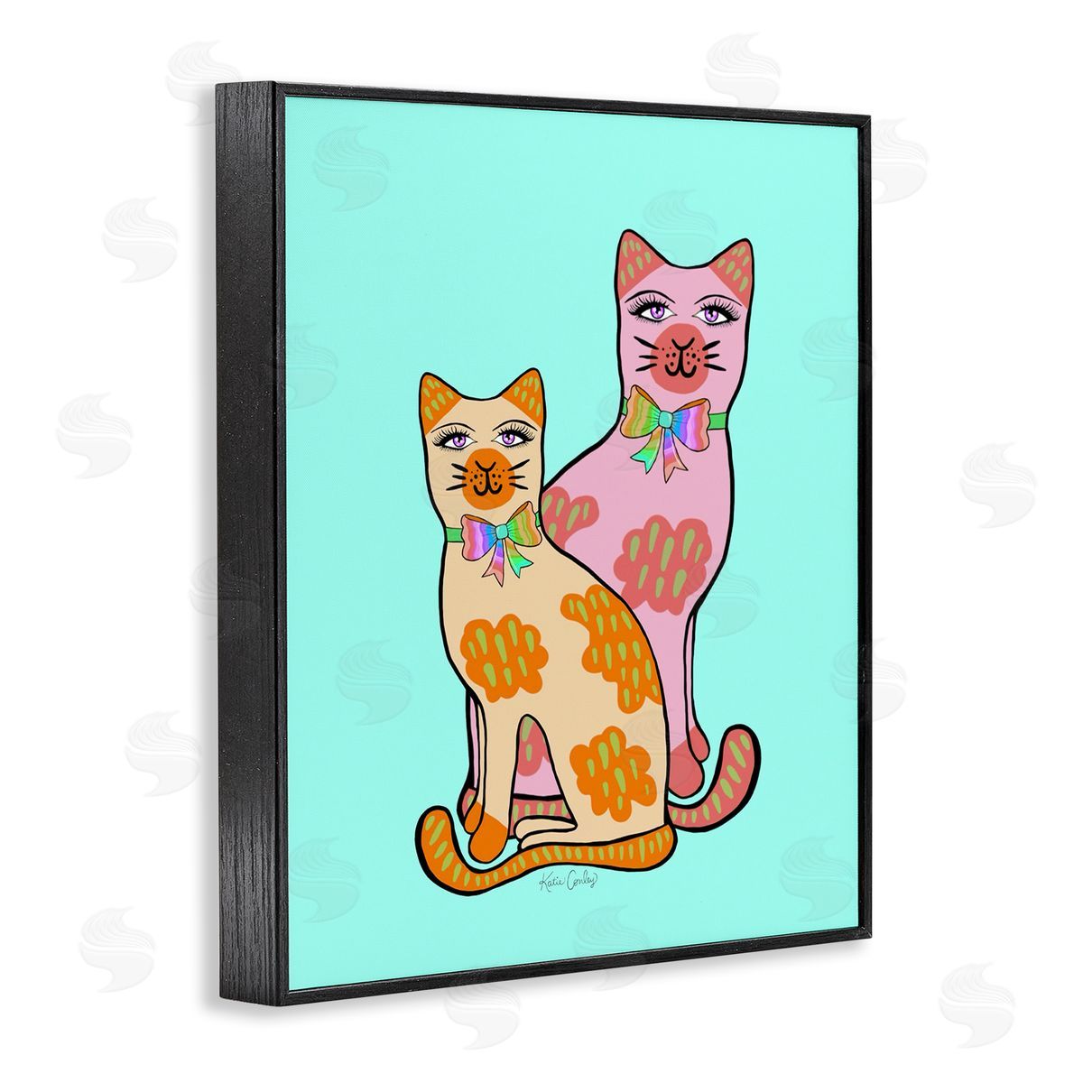 Funky Cats on Turquoise Black Frame Print Wall Art, Home Decor by Katie Conley