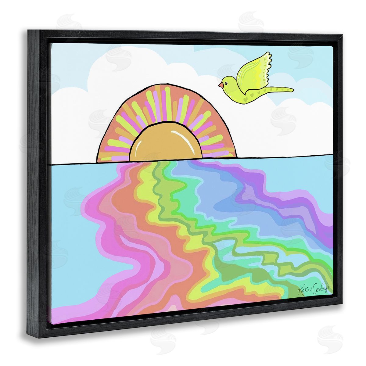 Swirling Rainbow Sea Reflection Black Floating Frame Canvas Wall Art, Home Decor by Katie Conley