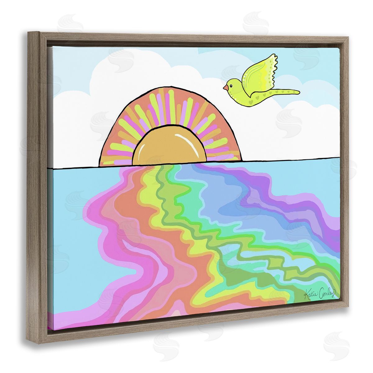Swirling Rainbow Sea Reflection Brown Floating Frame Canvas Wall Art, Home Decor by Katie Conley