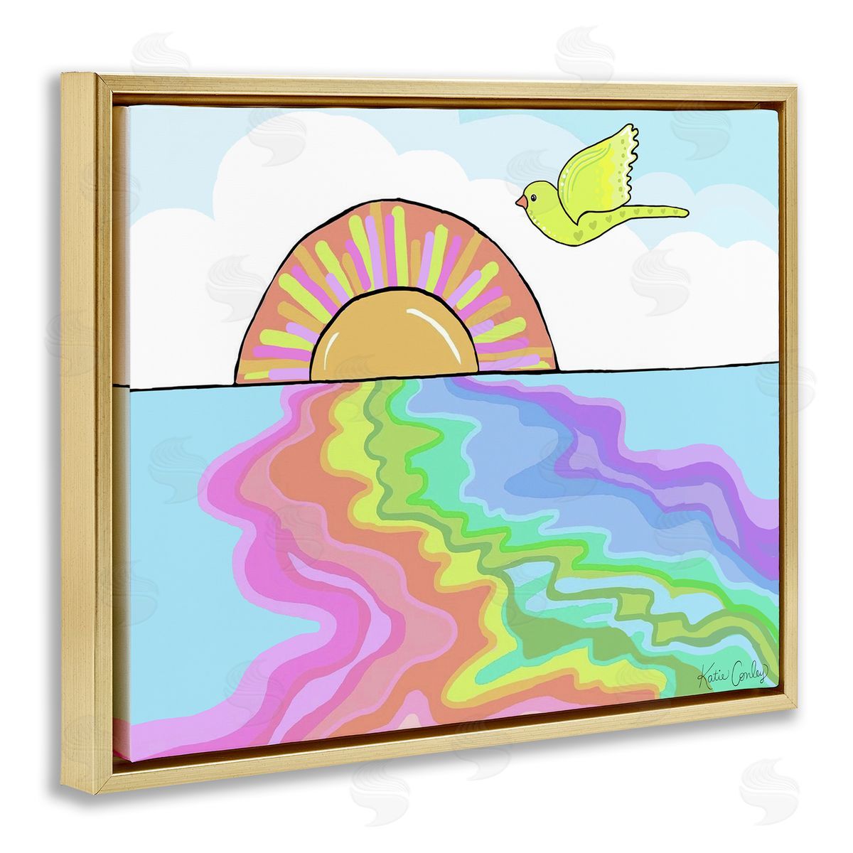 Swirling Rainbow Sea Reflection Gold Floating Frame Canvas Wall Art, Home Decor by Katie Conley