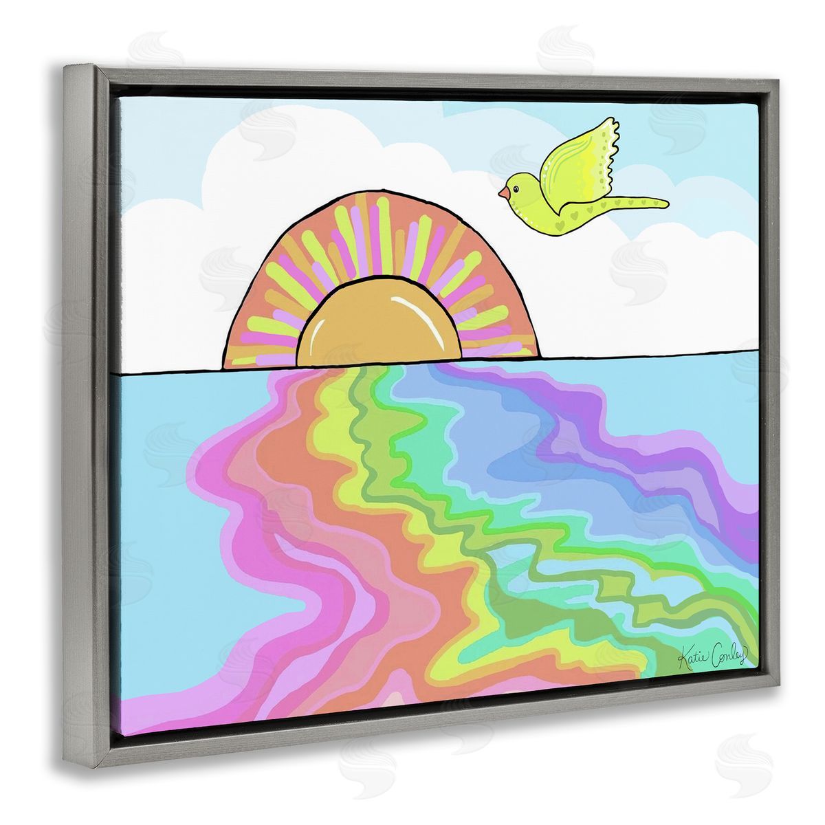 Swirling Rainbow Sea Reflection Grey Floating Frame Canvas Wall Art, Home Decor by Katie Conley