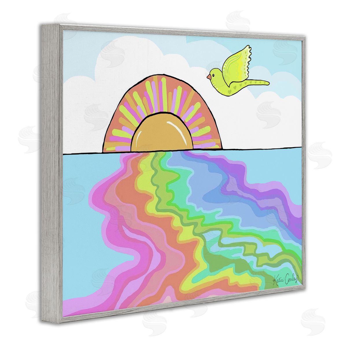 Swirling Rainbow Sea Reflection Grey Frame Print Wall Art, Home Decor by Katie Conley
