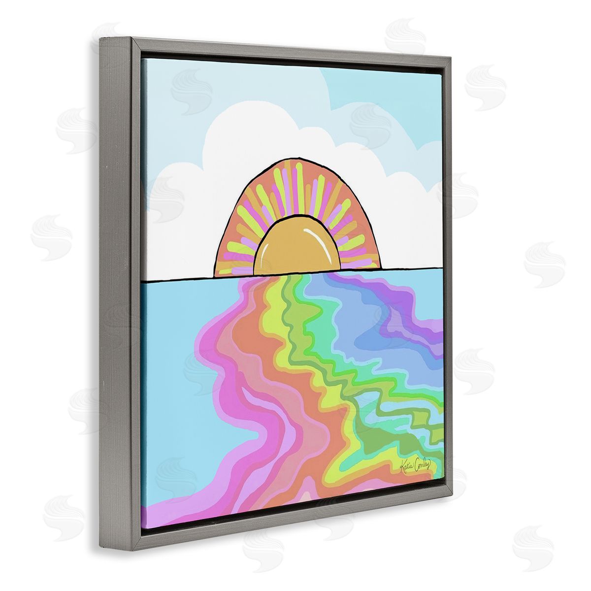 Swirling Rainbow on Sea Surface Grey Floating Frame Canvas Wall Art, Home Decor by Katie Conley