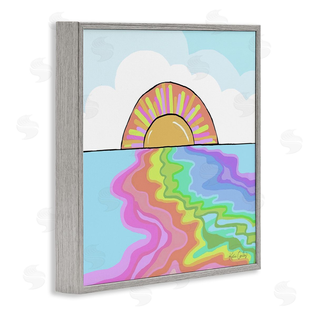 Swirling Rainbow on Sea Surface Grey Frame Print Wall Art, Home Decor by Katie Conley
