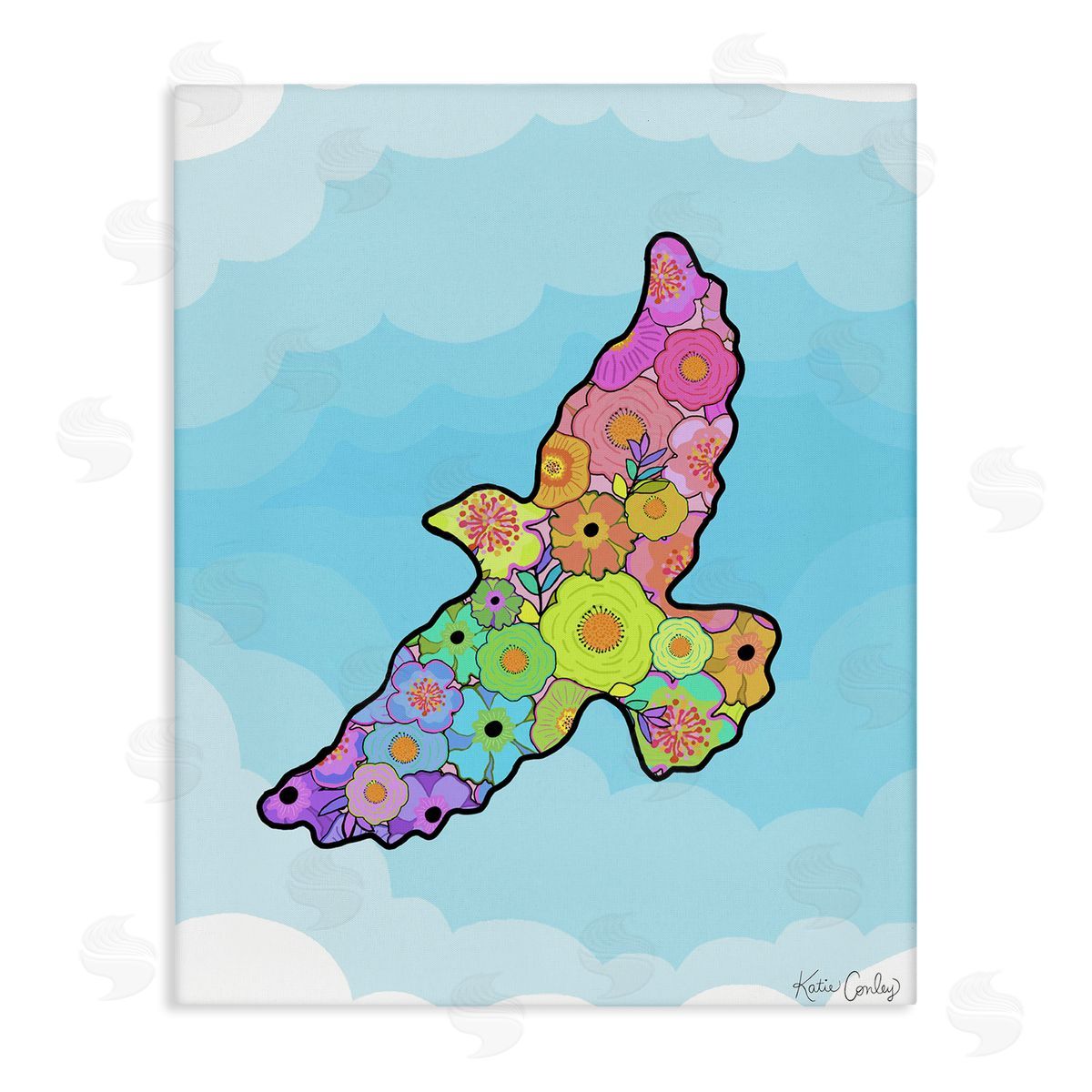 Bright Floral Bird Outline Canvas Wall Art, Home Decor by Katie Conley