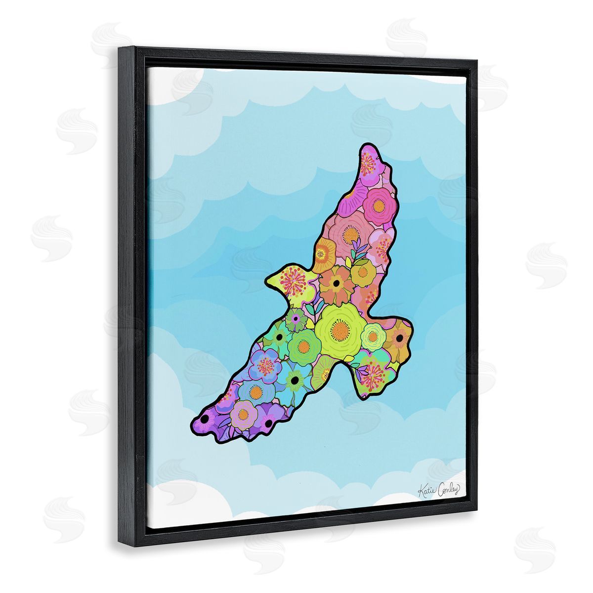 Bright Floral Bird Outline Black Floating Frame Canvas Wall Art, Home Decor by Katie Conley