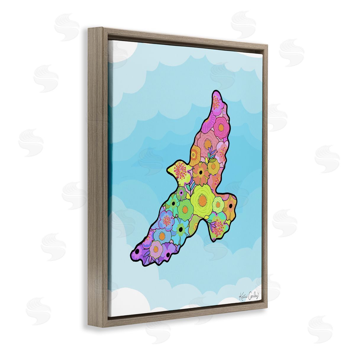Bright Floral Bird Outline Brown Floating Frame Canvas Wall Art, Home Decor by Katie Conley