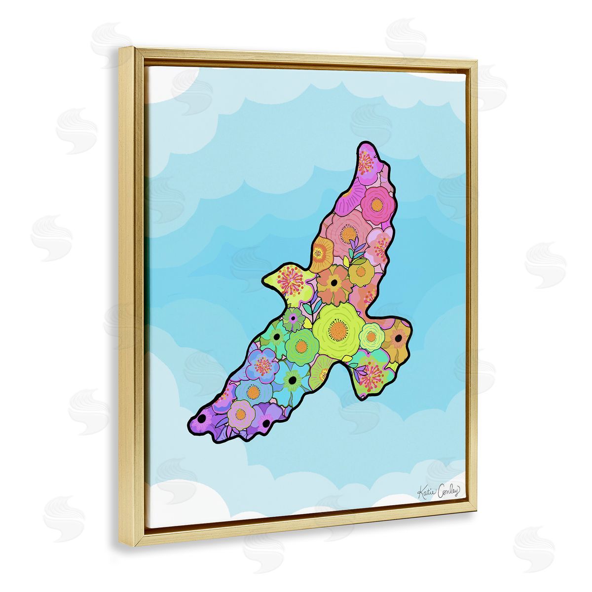 Bright Floral Bird Outline Gold Floating Frame Canvas Wall Art, Home Decor by Katie Conley