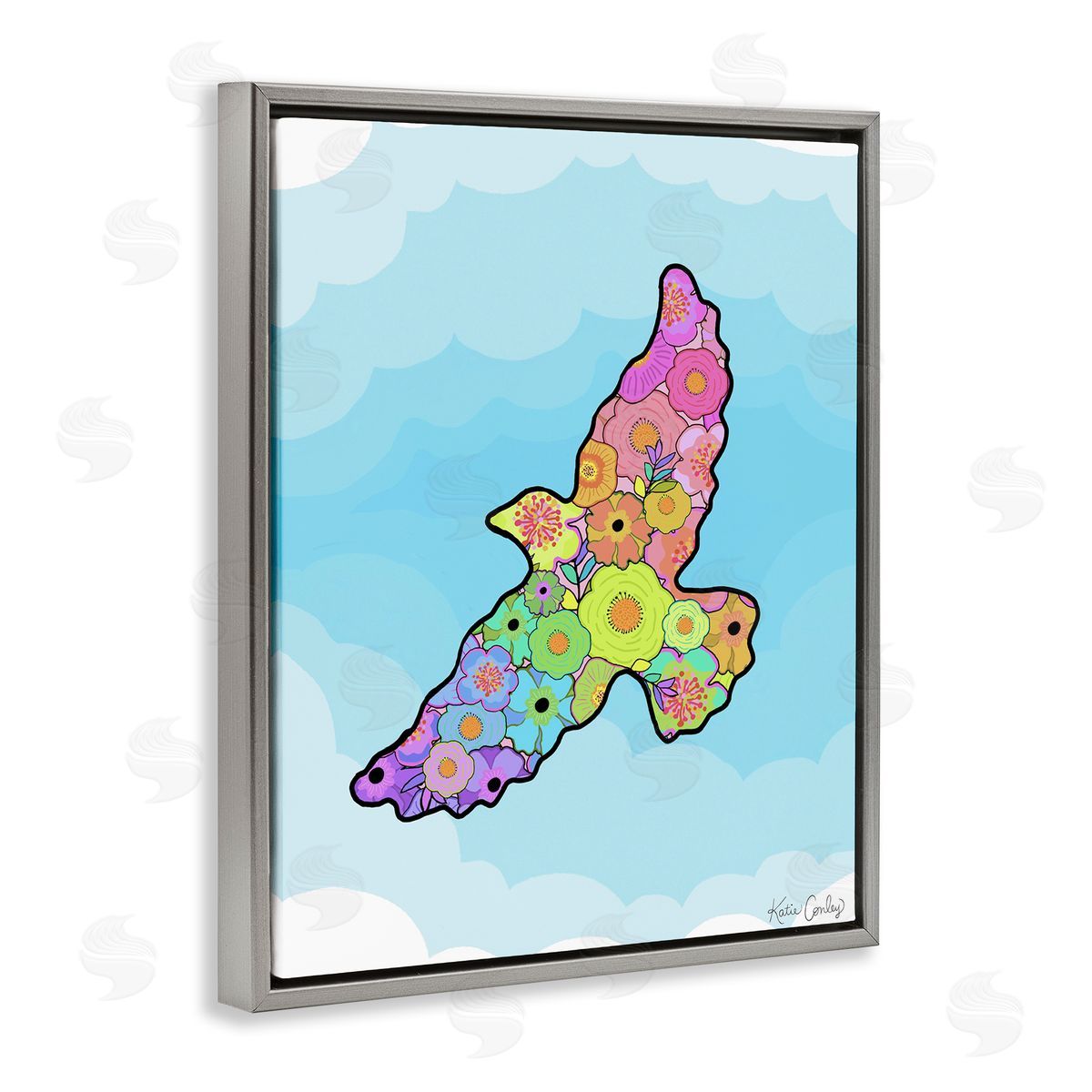 Bright Floral Bird Outline Grey Floating Frame Canvas Wall Art, Home Decor by Katie Conley