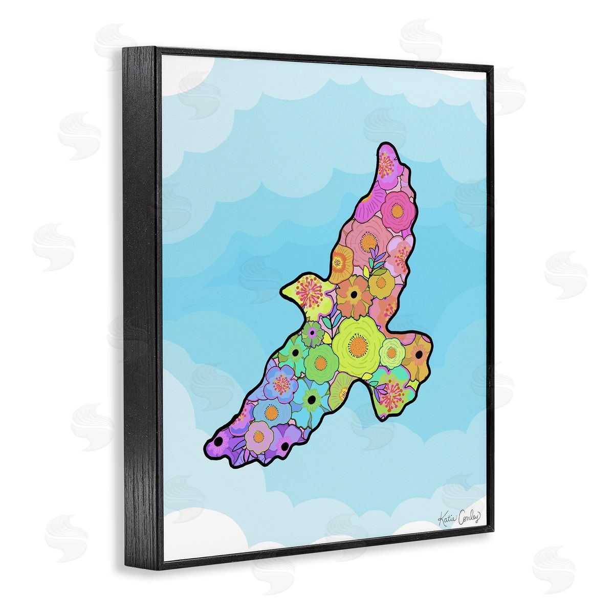Bright Floral Bird Outline Black Frame Print Wall Art, Home Decor by Katie Conley