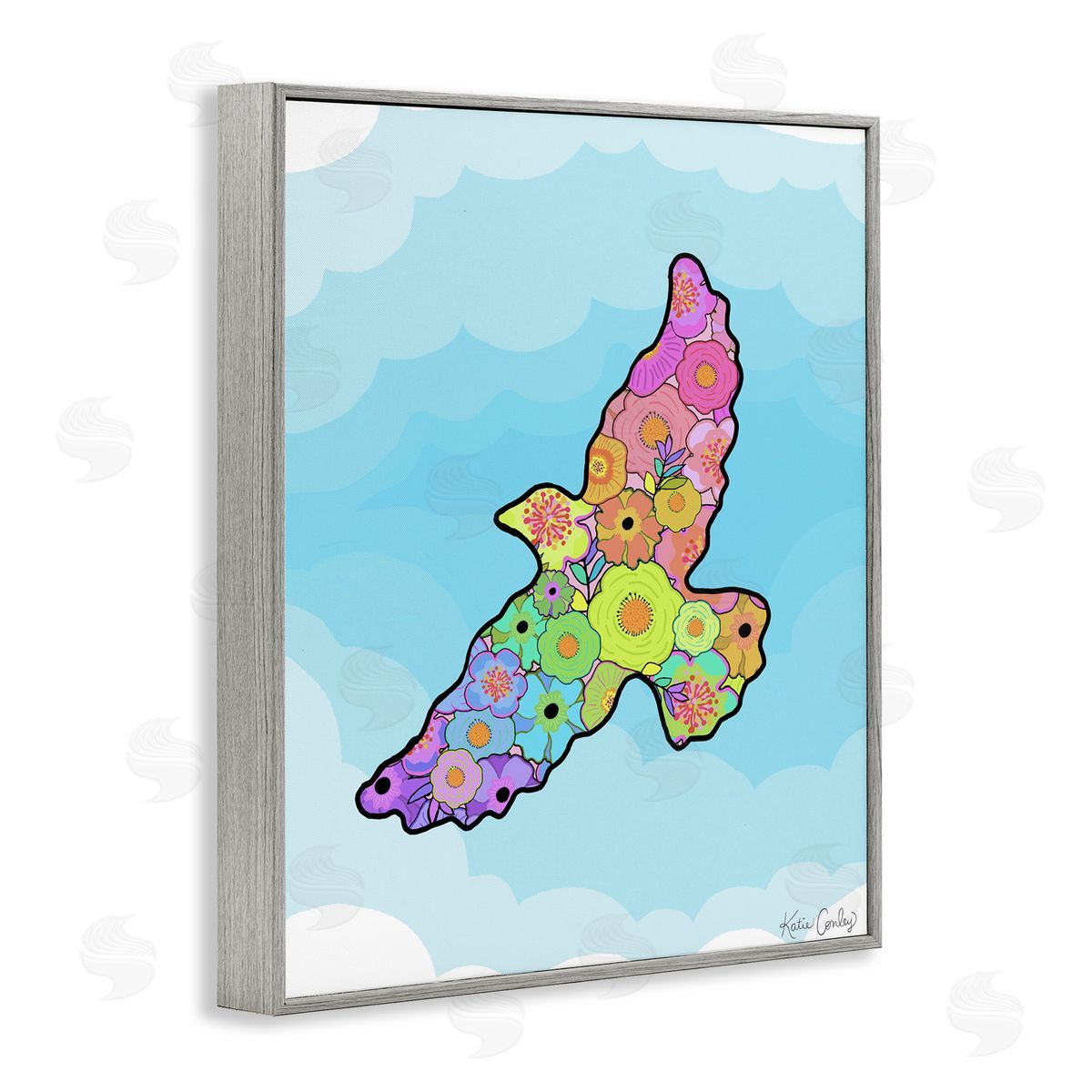 Bright Floral Bird Outline Grey Frame Print Wall Art, Home Decor by Katie Conley