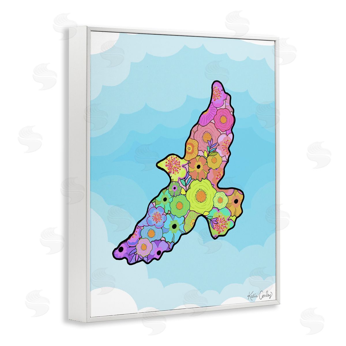 Bright Floral Bird Outline White Frame Print Wall Art, Home Decor by Katie Conley