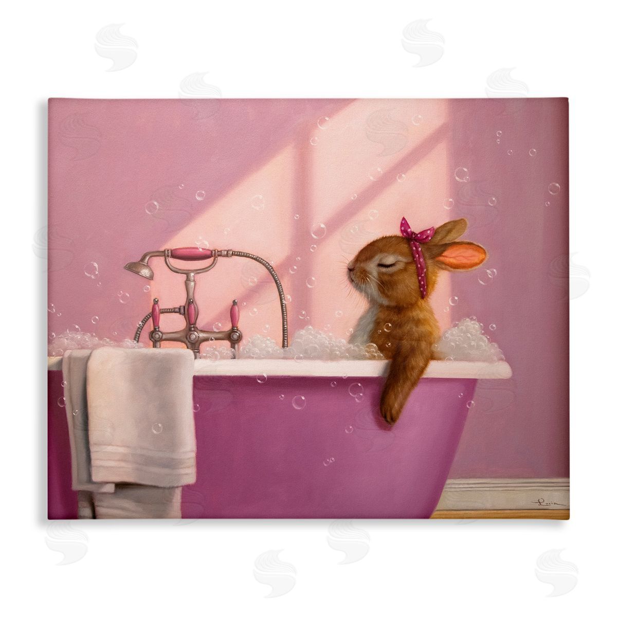 Bunny in Pink Relaxing Bath Canvas Wall Art, Home Decor by Lucia Heffernan