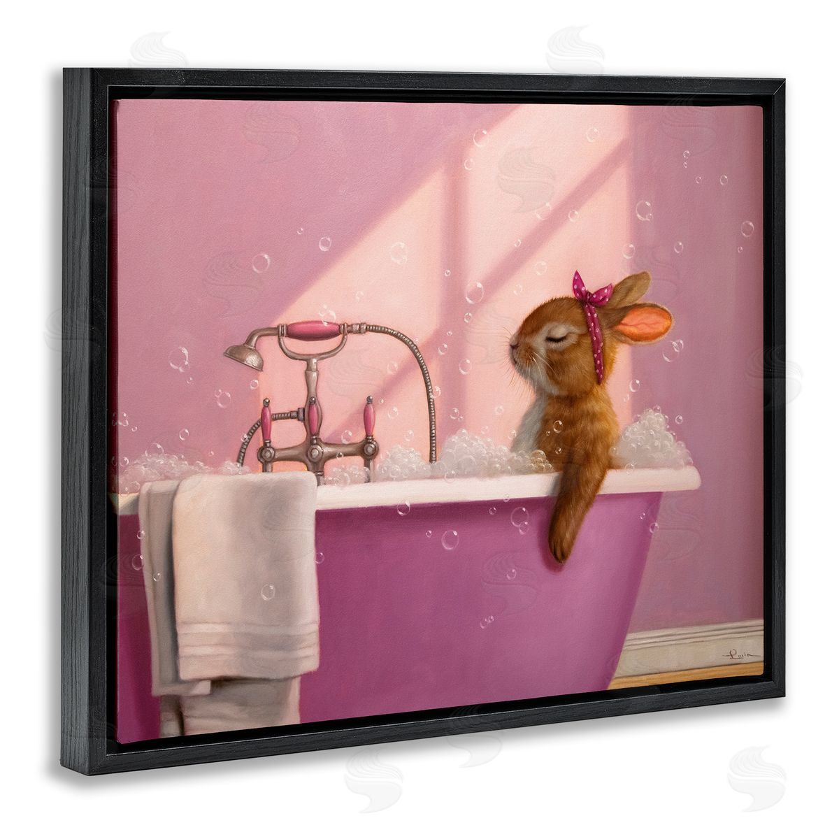 Bunny in Pink Relaxing Bath Black Floating Frame Canvas Wall Art, Home Decor by Lucia Heffernan
