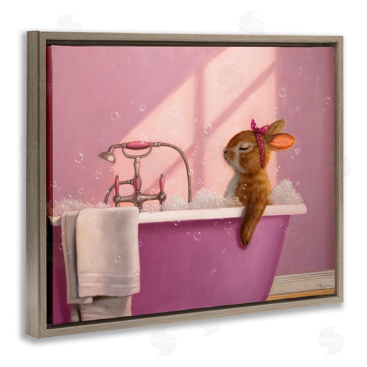 Bunny in Pink Relaxing Bath Brown Floating Frame Canvas Wall Art, Home Decor by Lucia Heffernan