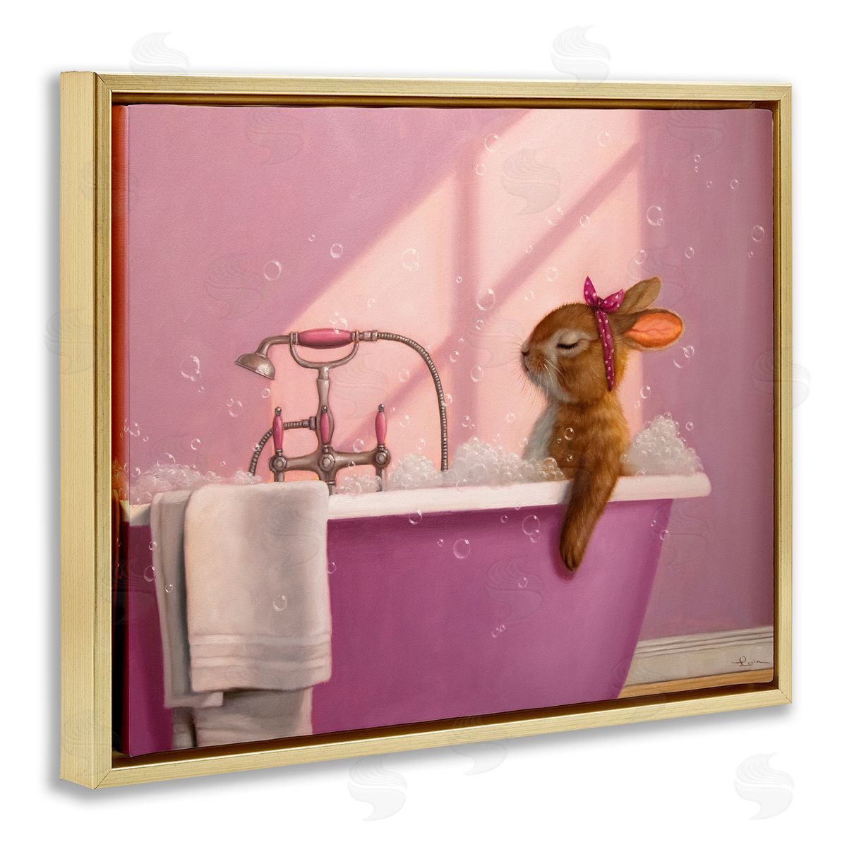 Bunny in Pink Relaxing Bath Gold Floating Frame Canvas Wall Art, Home Decor by Lucia Heffernan