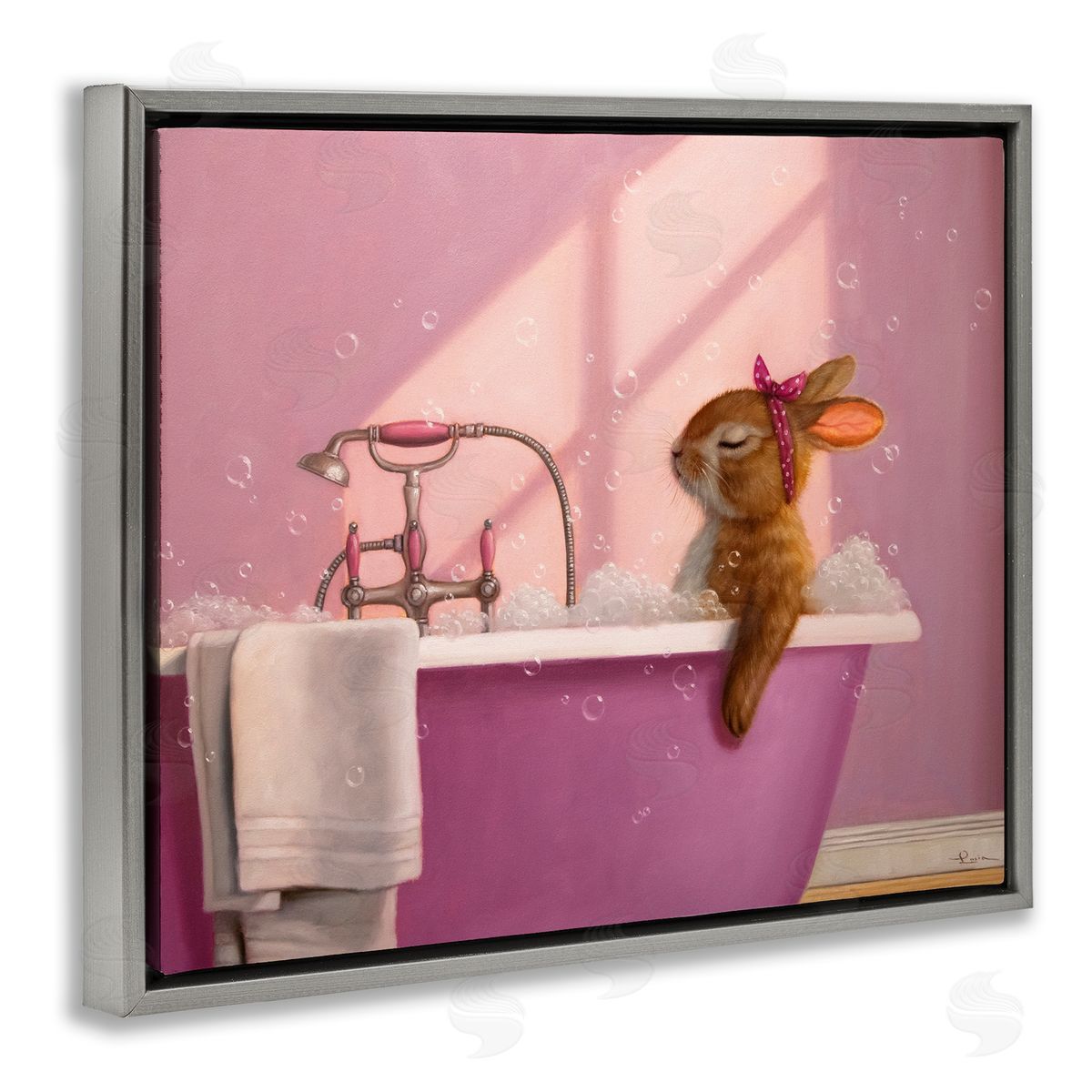 Bunny in Pink Relaxing Bath Grey Floating Frame Canvas Wall Art, Home Decor by Lucia Heffernan