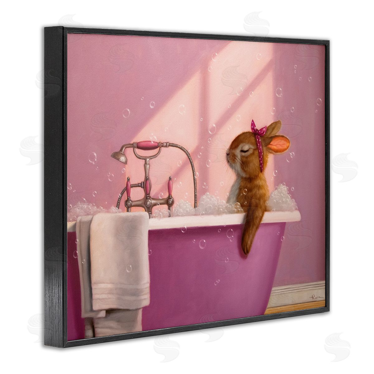 Bunny in Pink Relaxing Bath Black Frame Print Wall Art, Home Decor by Lucia Heffernan
