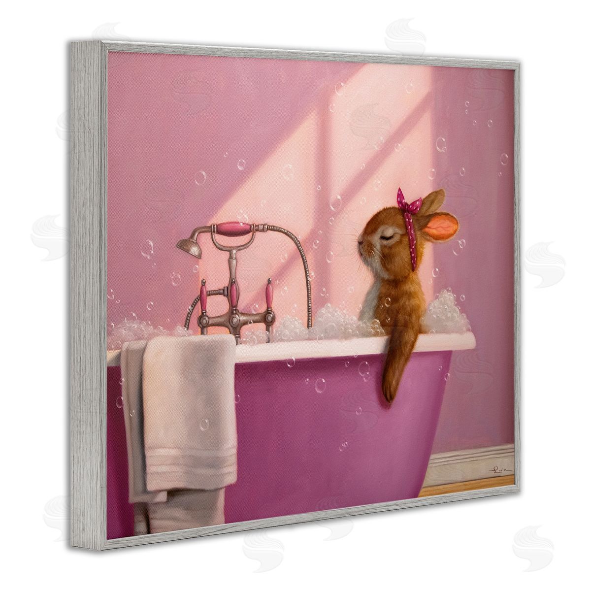 Bunny in Pink Relaxing Bath Grey Frame Print Wall Art, Home Decor by Lucia Heffernan