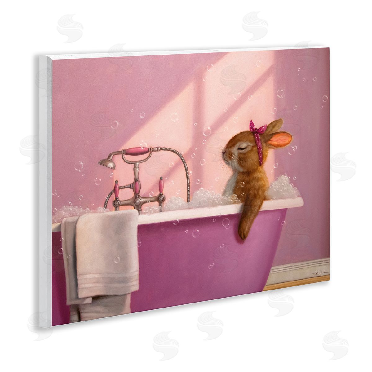 Bunny in Pink Relaxing Bath Wood Plaque Wall Art, Home Decor by Lucia Heffernan