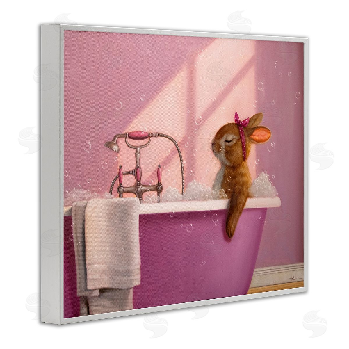 Bunny in Pink Relaxing Bath White Frame Print Wall Art, Home Decor by Lucia Heffernan
