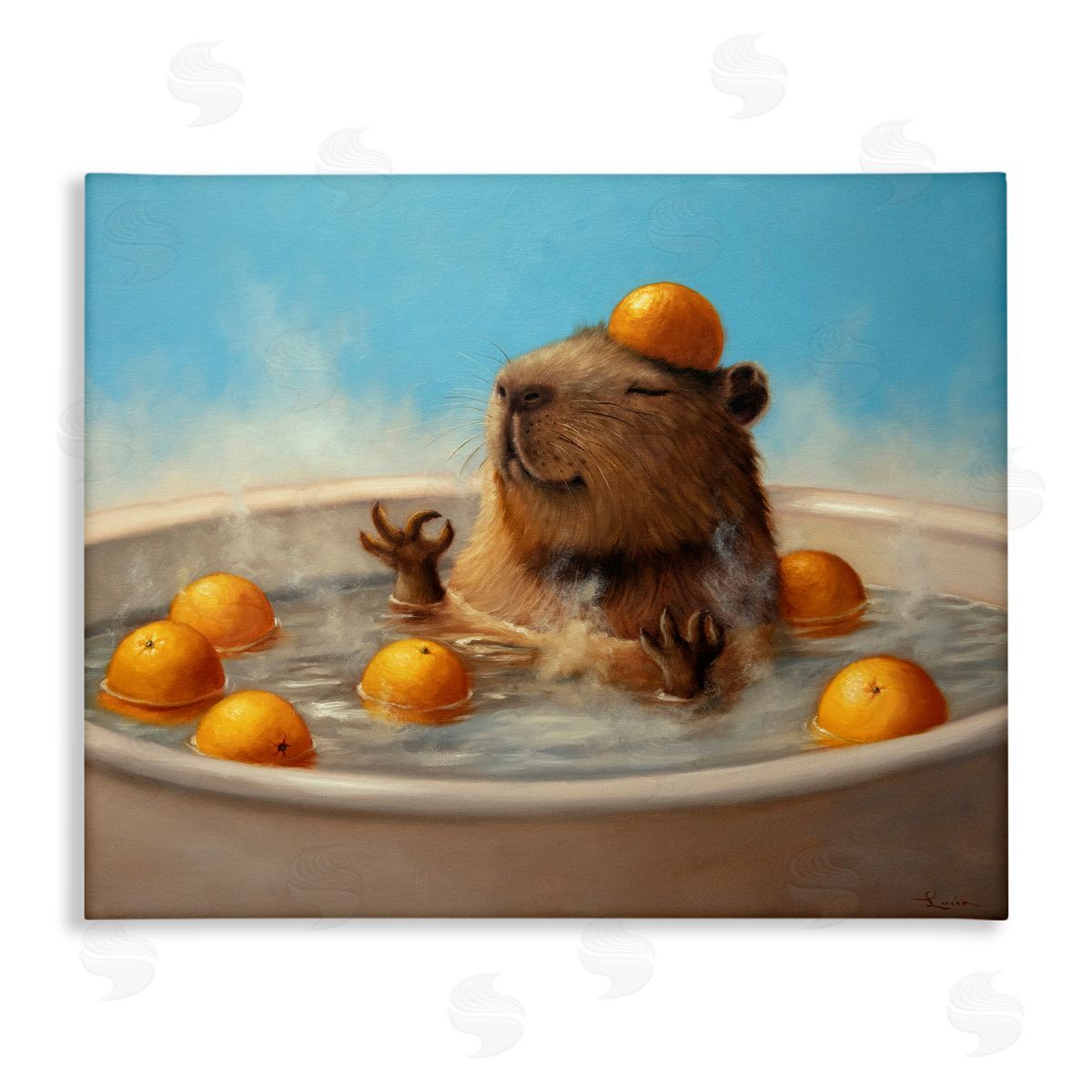 Capybara in Orange Bath Canvas Wall Art, Home Decor by Lucia Heffernan