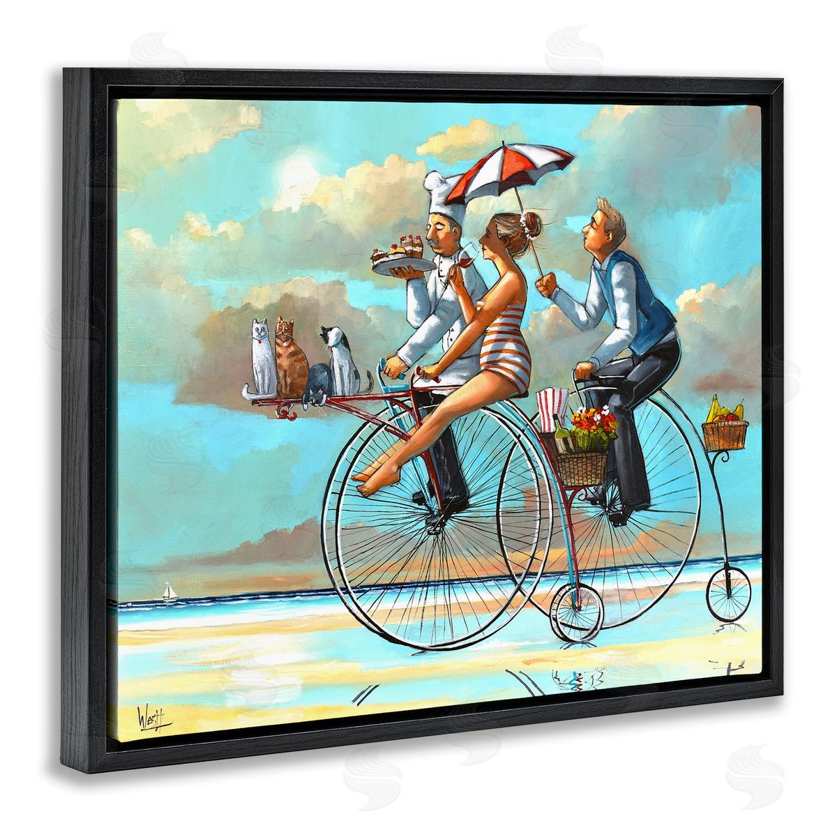 Woman & Butler Bicycle Ride Black Floating Frame Canvas Wall Art, Home Decor by Ronald West
