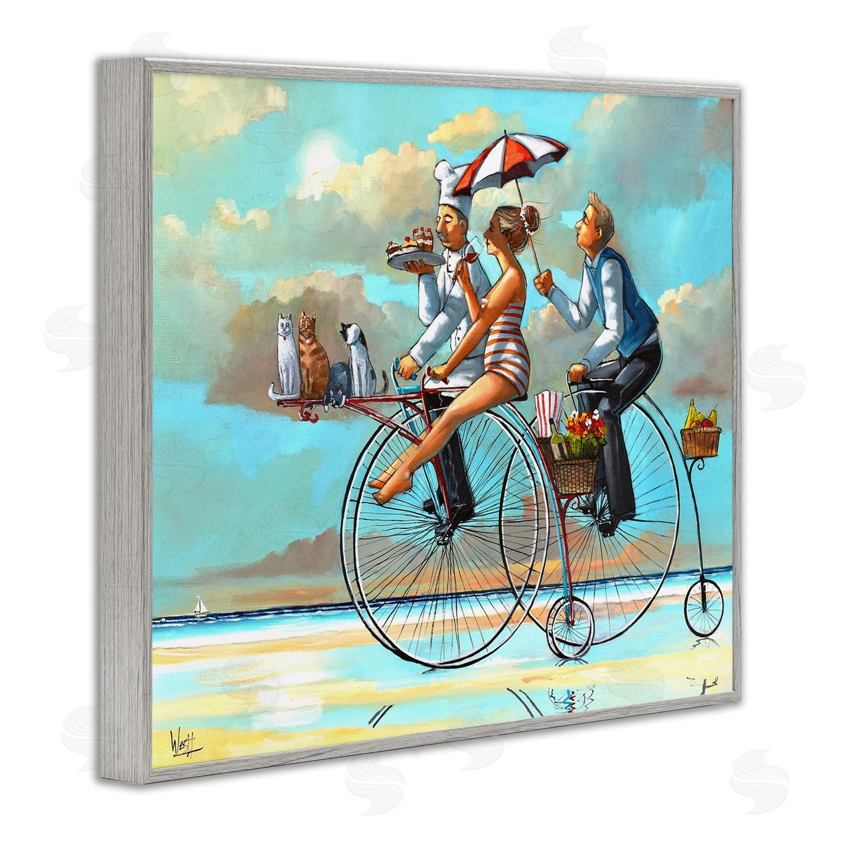 Woman & Butler Bicycle Ride Grey Frame Print Wall Art, Home Decor by Ronald West