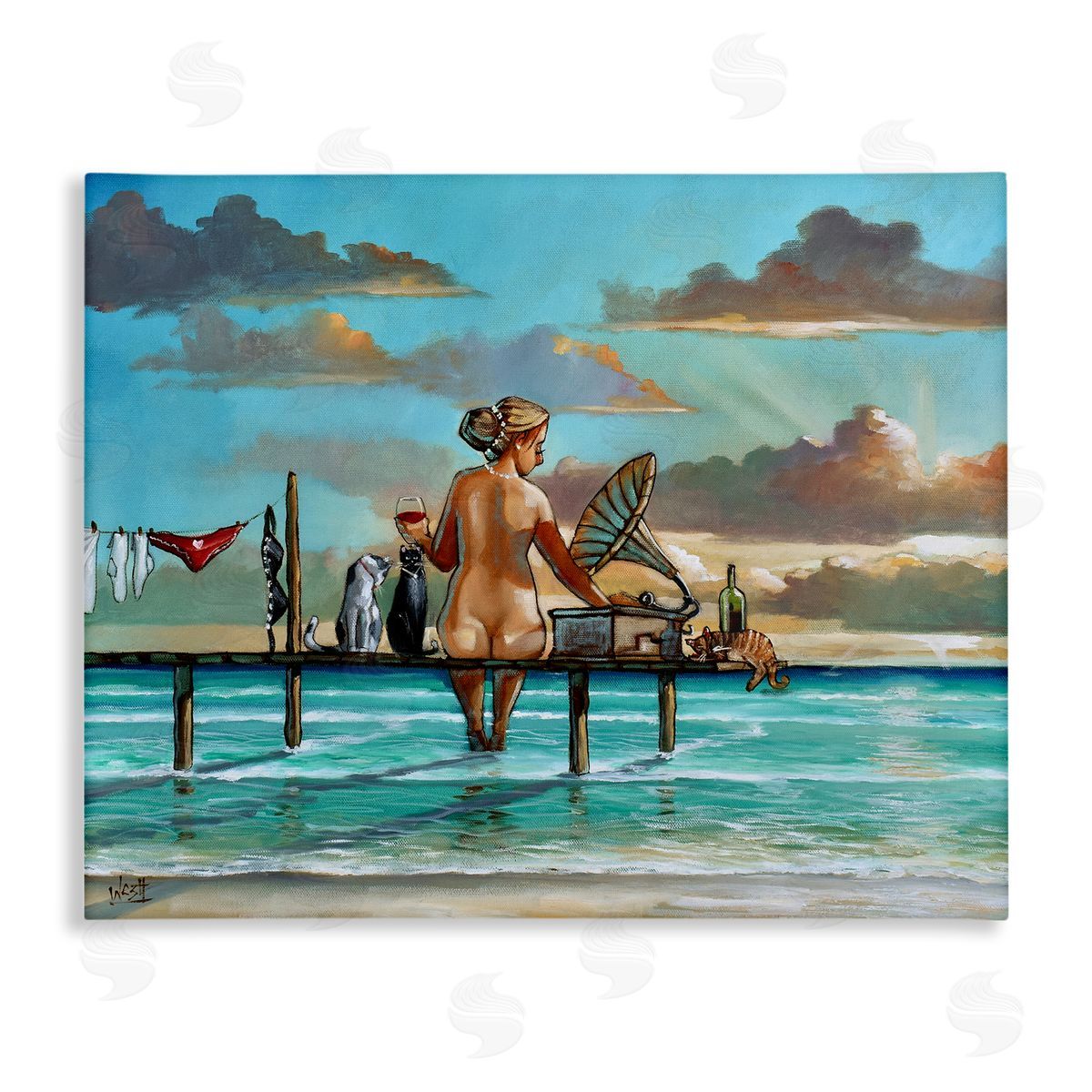 Woman & Cats Beach Sunset Canvas Wall Art, Home Decor by Ronald West