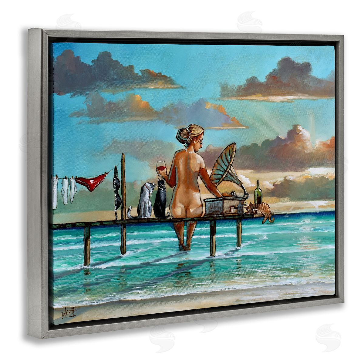 Woman & Cats Beach Sunset Grey Floating Frame Canvas Wall Art, Home Decor by Ronald West